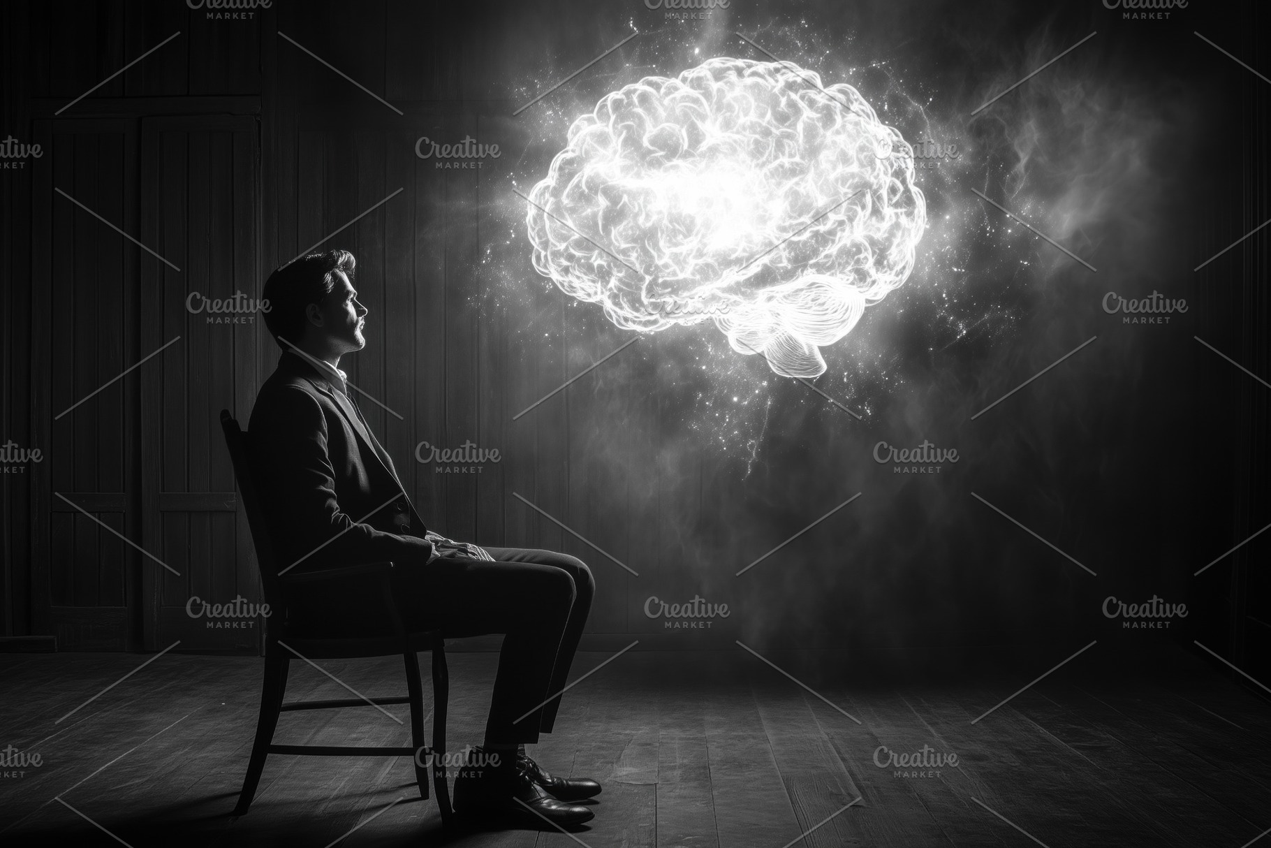 A cognitive psychologist man sitting on a chair in a dark room, gazing at a glo, a Person Photo by Textures & Backgrounds