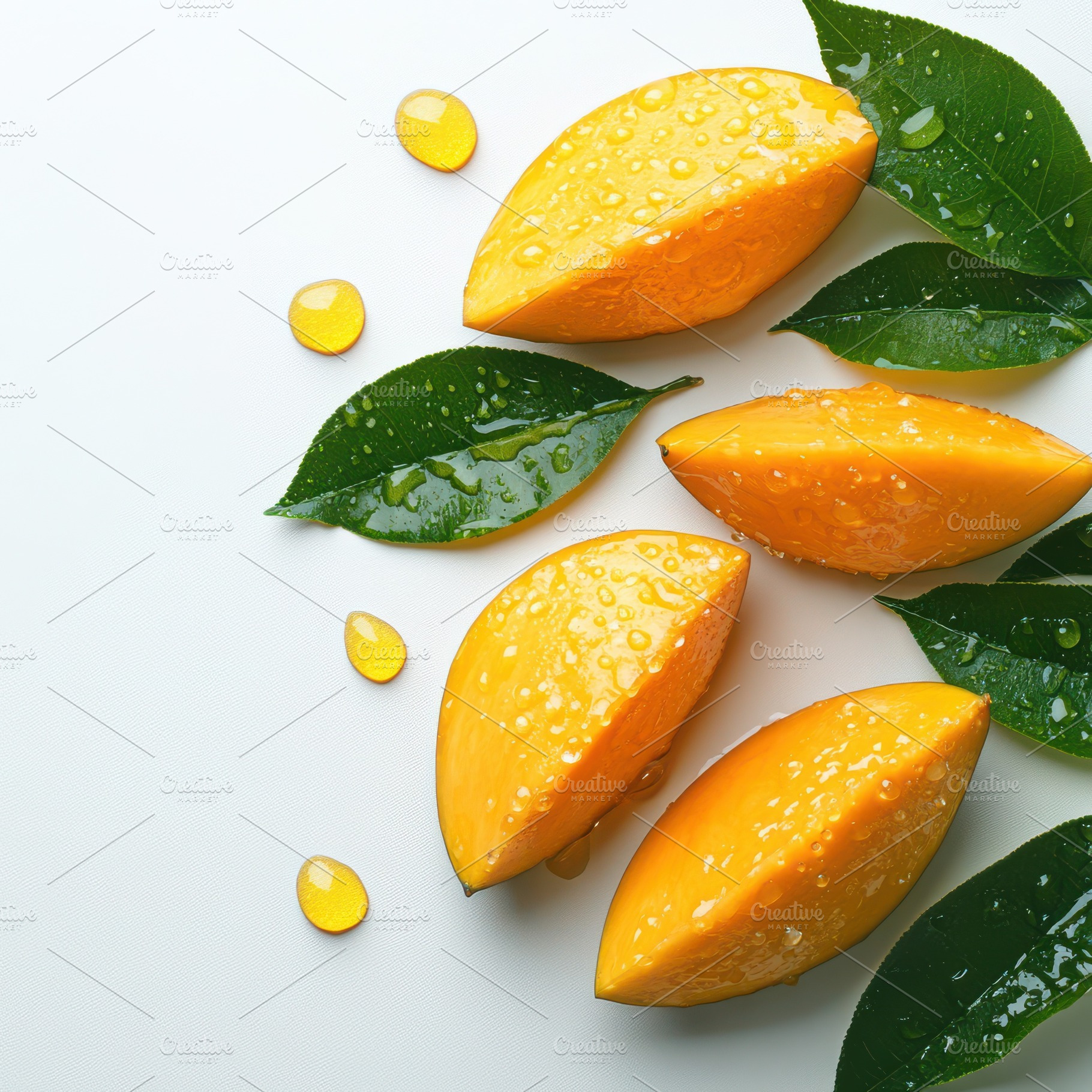 Fresh Mango Fruits slices, green lea, a Food & Drink Photo by Pixeness Studio