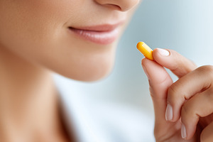 Woman holds a yellow capsule pill, a Health & Medical Photo by MistyDay