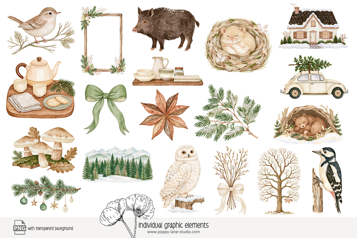 120 winter woodland clip art, a Seasonal Illustration by Poppy Lane Studio