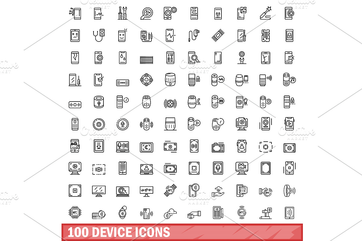 100 device icons set, outline style, an Object Illustration by Ylivdesign