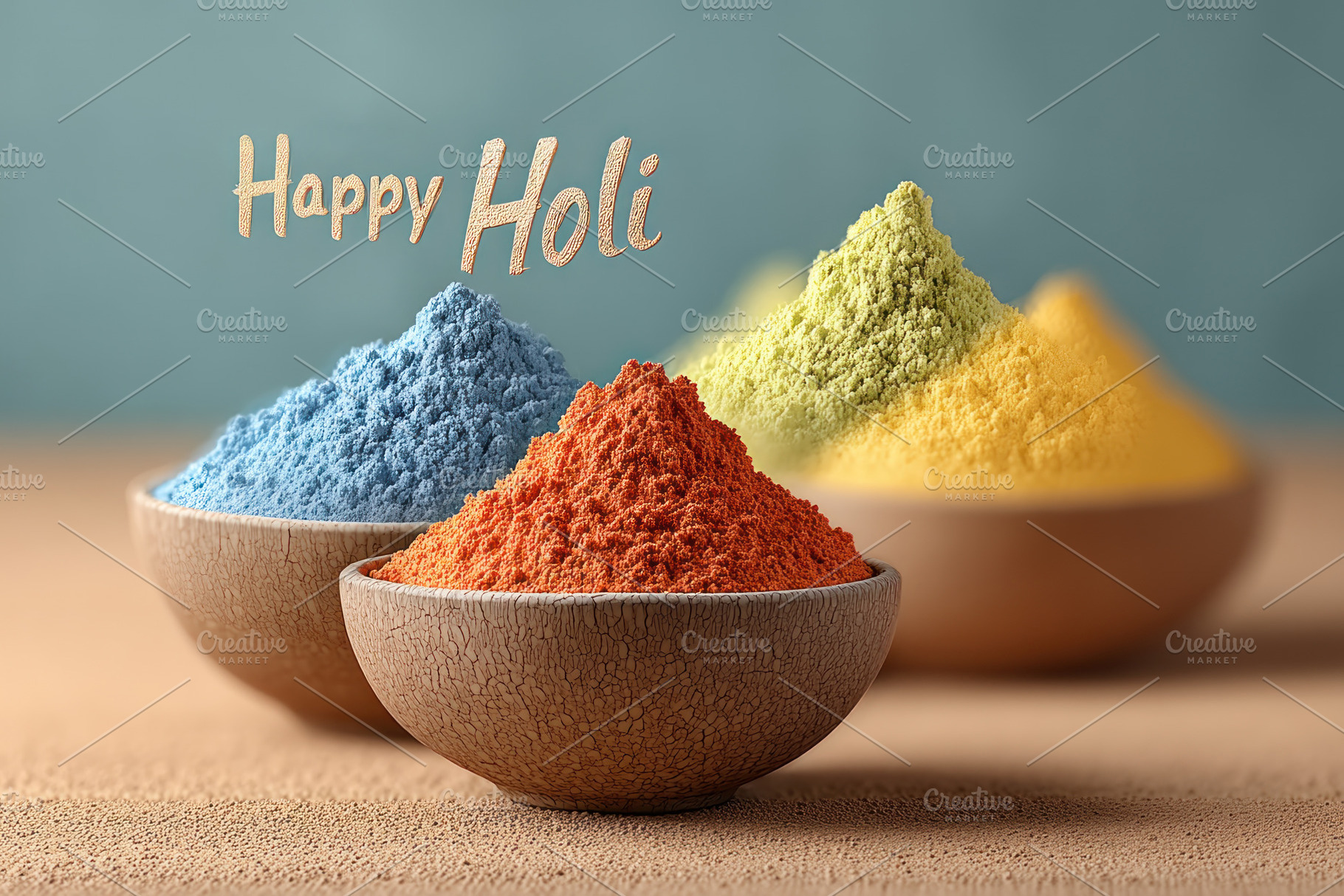 Colorful Holi powder piles in ceramic bowls on sandy surface wit, a Sports & Recreation Photo by José Manuel Gelpi