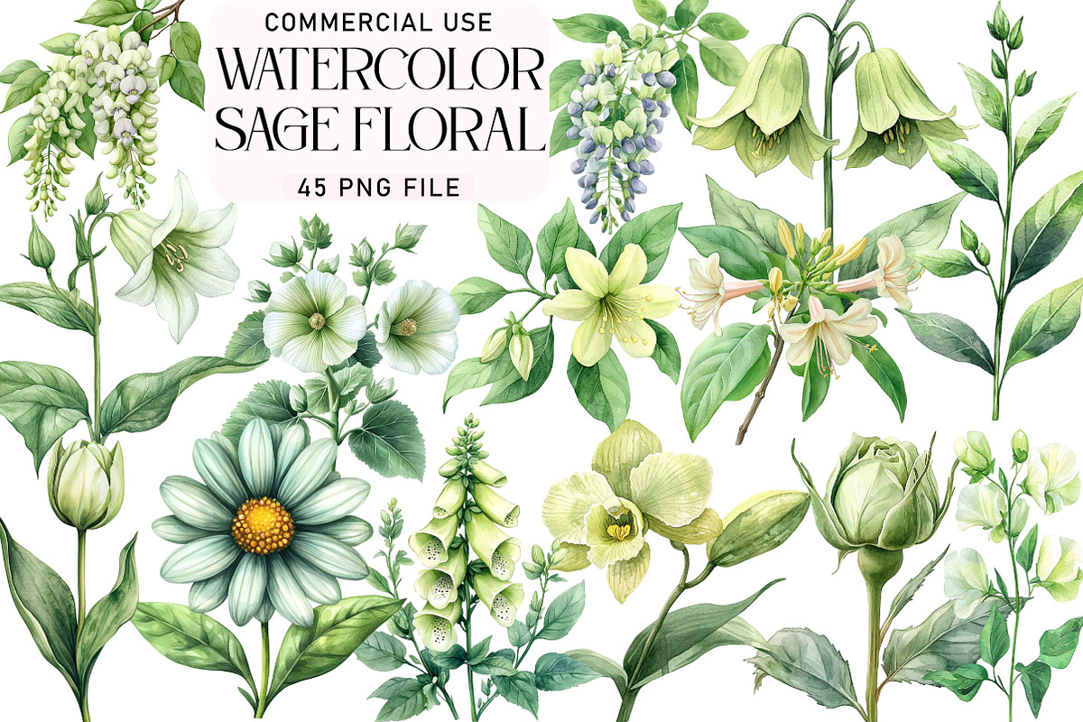 Watercolor Sage Floral Clipart, an Illustration by Daily.Designs (Photo 1 of 5)