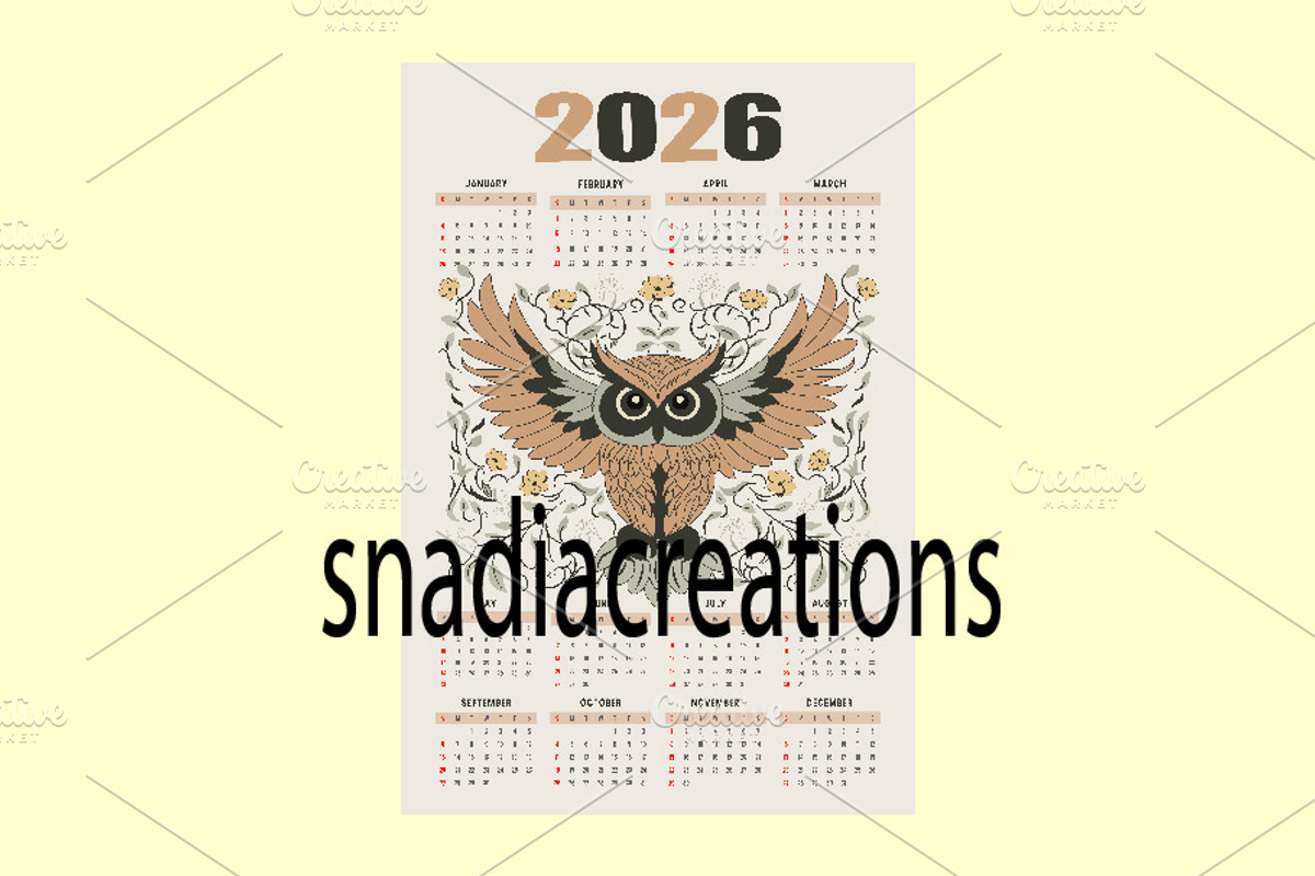 Owl Calendar 2026, a Stationery Template by snadiacreations