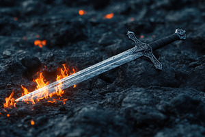 Sword rests on rocky ground with fli, a Photo by Iftikhar Alam