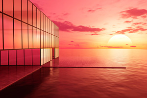 Modern glass house by ocean at sunset with warm reflections, an Architecture Photo by RF Images