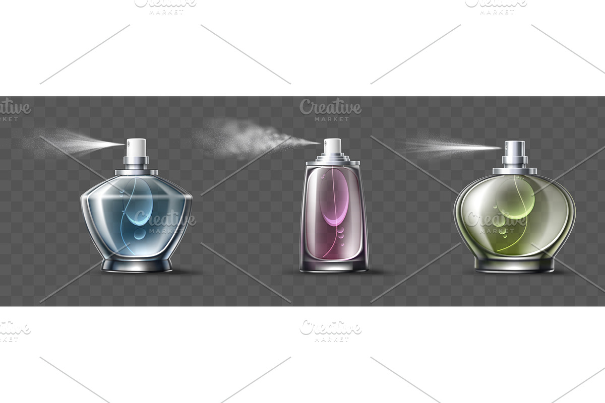 Realistic perfume bottles spraying, an Object Illustration by Vectorbuum