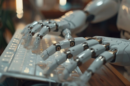 Robot hand types on keyboard, a Technology Photo by AlyaAnd