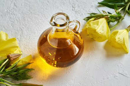 A bottle of evening primrose oil with blooming evening primrose, a Photo by Madeleine Steinbach