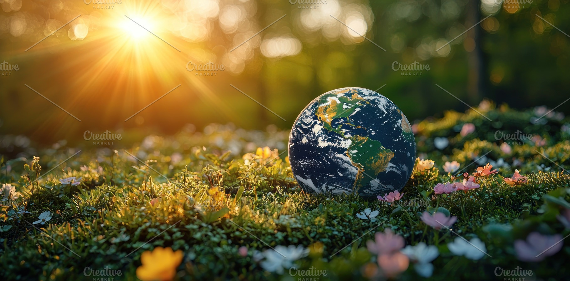 Planet Earth resting in a vibrant flower field under golden sunl, a Nature Photo by José Manuel Gelpi