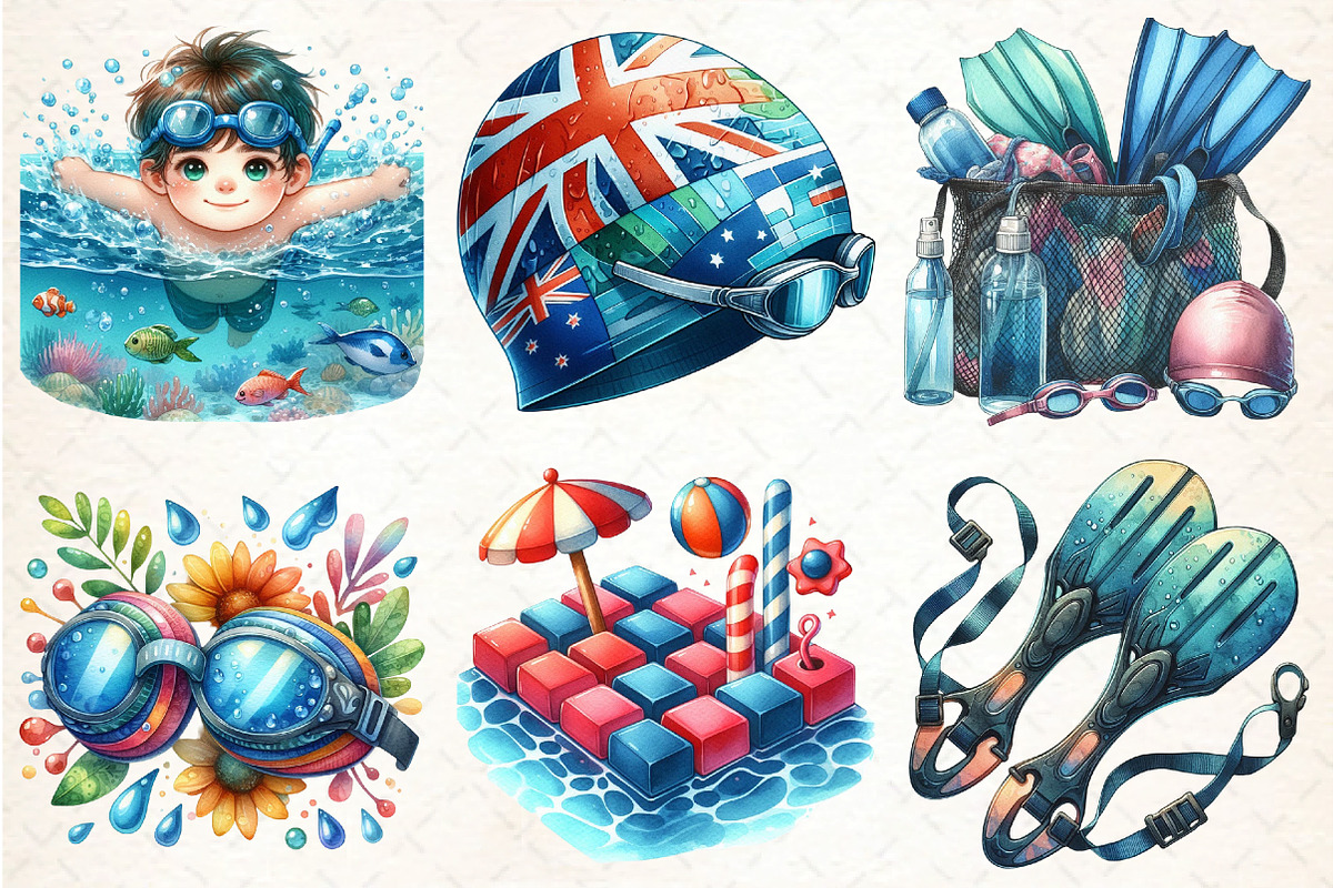 Watercolor Summer Swimming Clipart, an Illustration by DreamCafeArt (Photo 4 of 6)