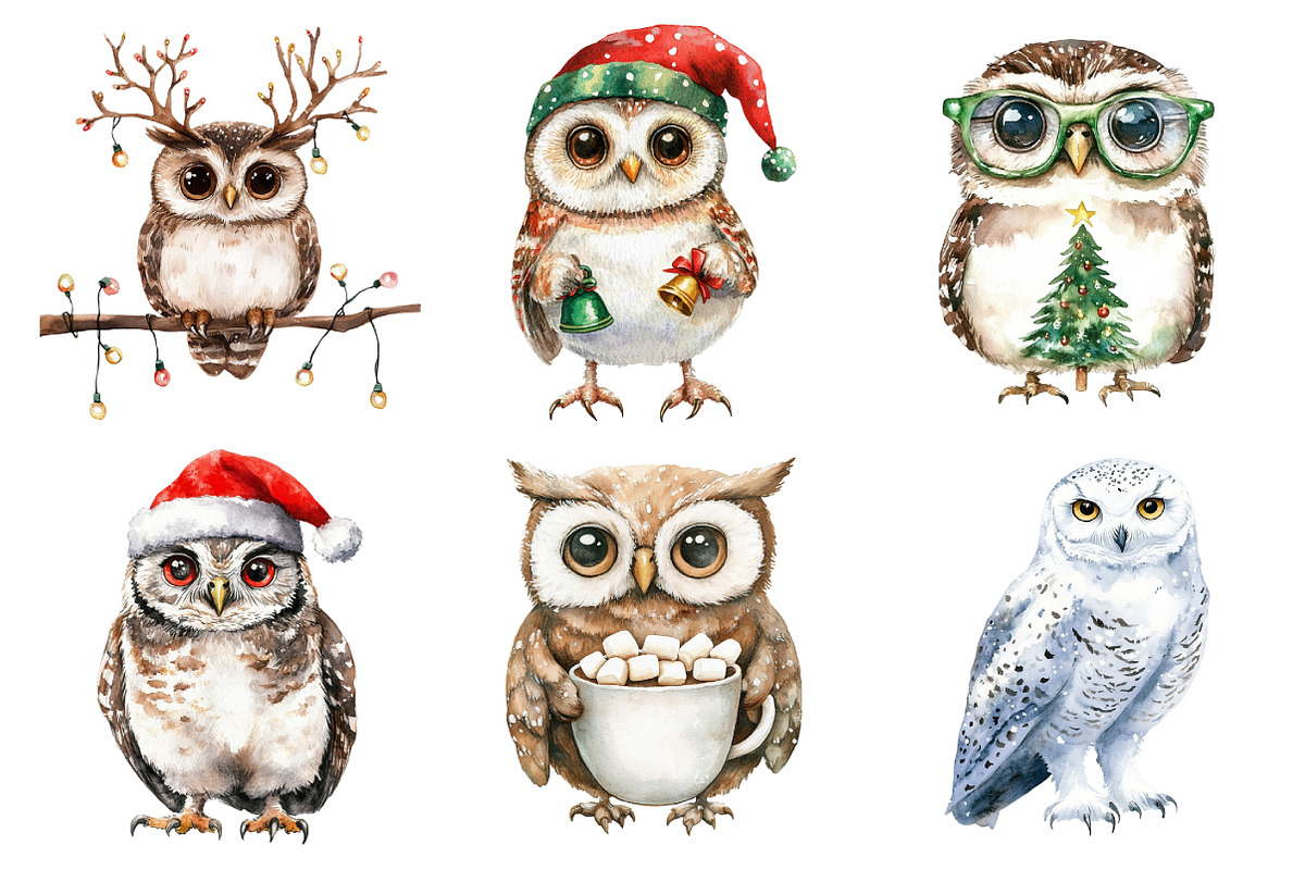 Christmas Owl Sublimation Clipart, a Seasonal Illustration by Daily.Designs