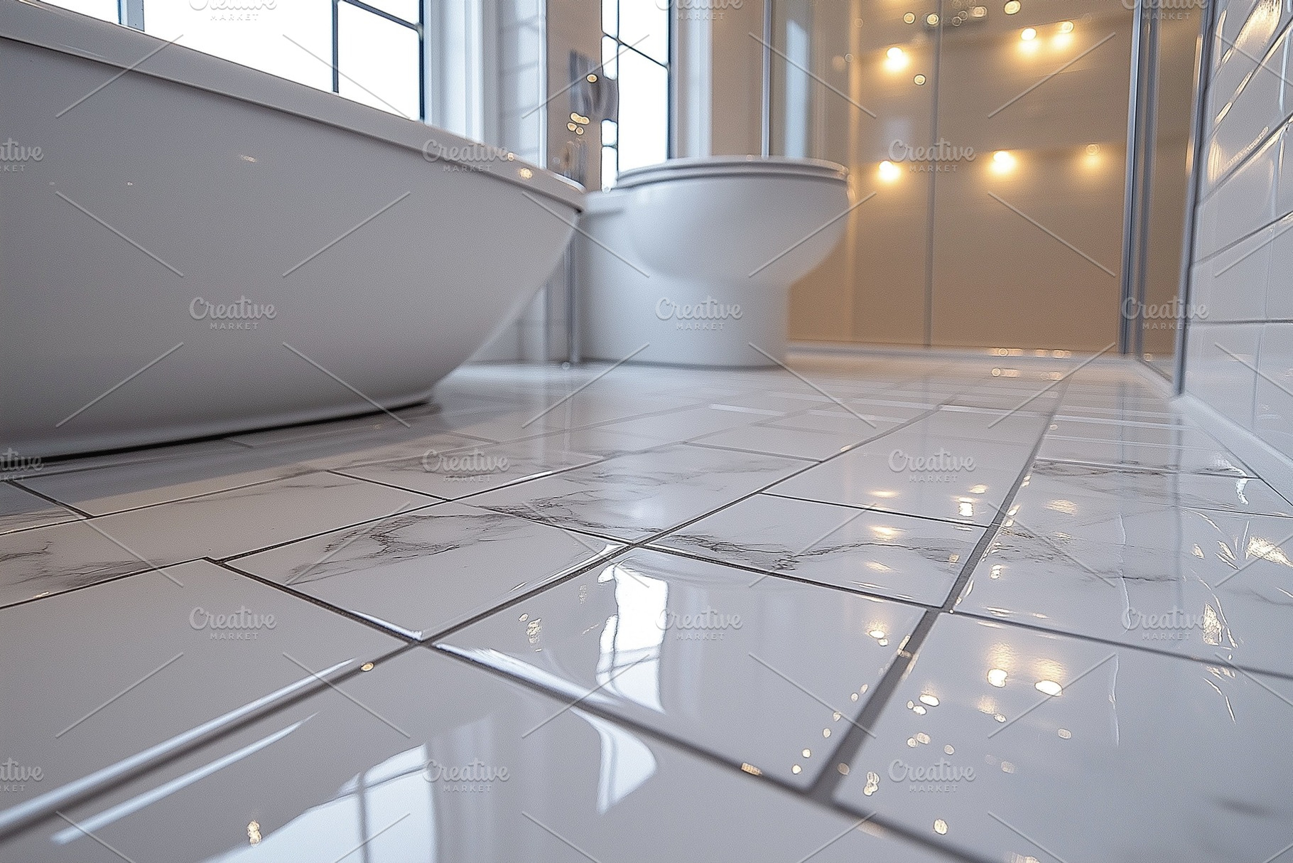 Modern bathroom featuring sleek marble tiles, a freestanding bathtub, and an el, a Background Photo by ImageMir