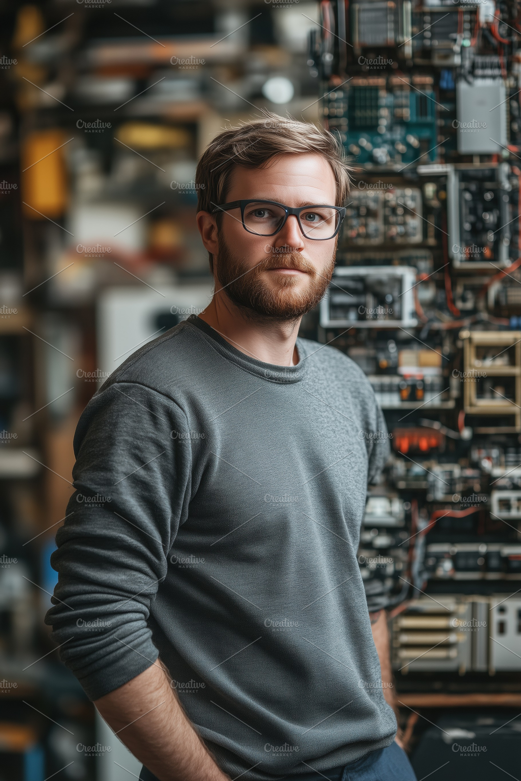A young man Printed Circuit Board Design Engineer with glasses and a beard stan, a Person Photo by Textures & Backgrounds