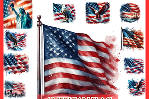 American Flag Clipart Bundle, USA