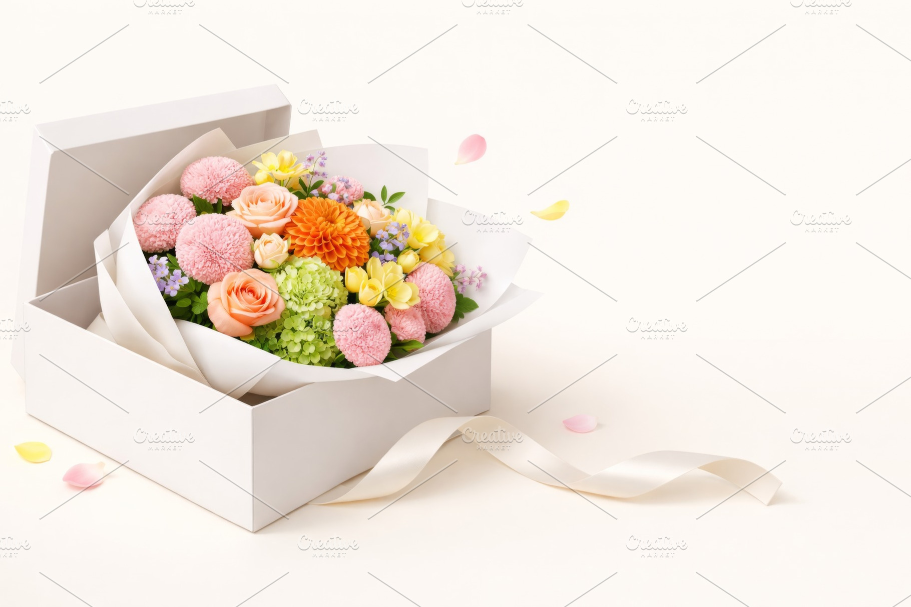 dopamine Bouquet of colorful flowers in gift box with scattered, a Photo by Dvoevnore photos