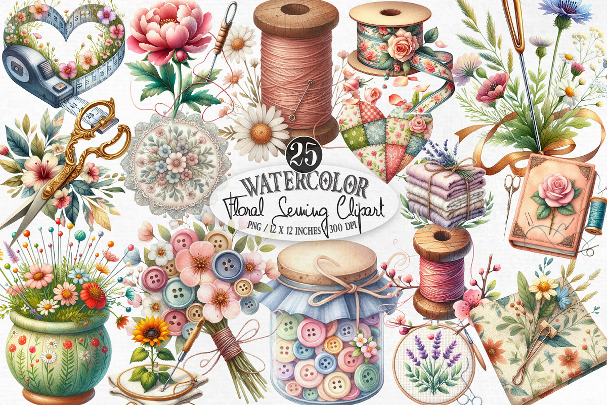 Floral Sewing Sublimation Clipart, an Illustration by Designking (Photo 1 of 4)