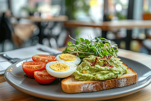 Delicious toast bread with avocado, boiled egg, tomatoes and mic, a Food & Drink Photo by AlyaAnd