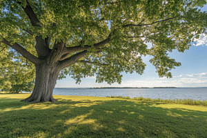 Large green tree casts shade over tr, a Photo by Tanuart