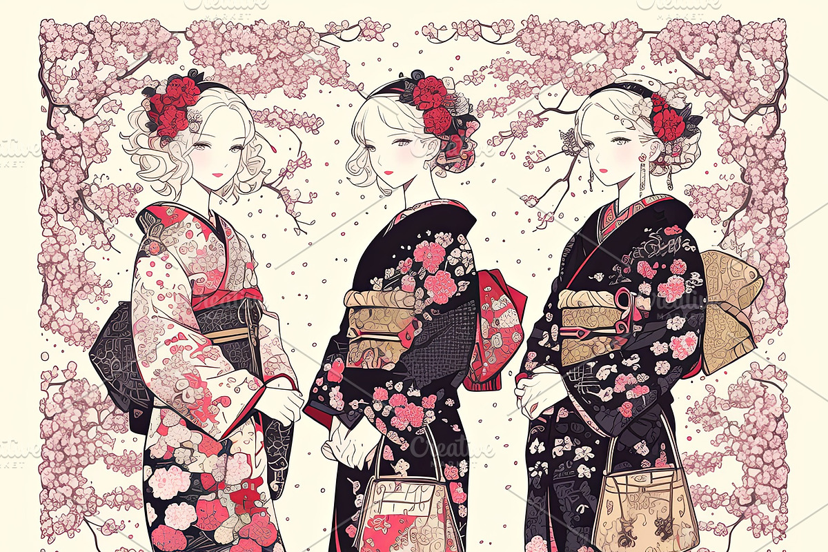Three women wearing traditional kimonos with floral patterns among cherry bloss, an Illustration by AS photostudio