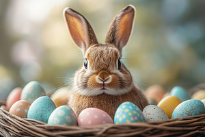 Cute bunny surrounded by colorful Ea, a Photo by Tanuart