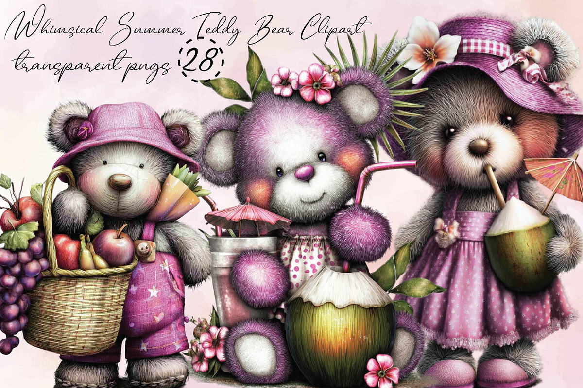Whimsical Summer Teddy Bear Clipart, an Animal Illustration by SVGArt (Photo 1 of 9)