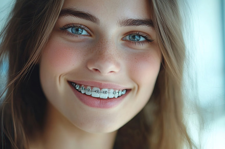 Young woman with modern braces on teeth, dental care concept, a Health & Medical Photo by AlyaAnd