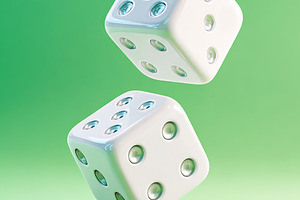 Glossy white playing dice suspended in midair above a vibrant green background, a Sports & Recreation Photo by AlyaAnd