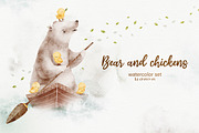 BEAR AND CHICKENS watercolor set, an Animal Illustration by erasovas (Thumbnail 1 of 15)