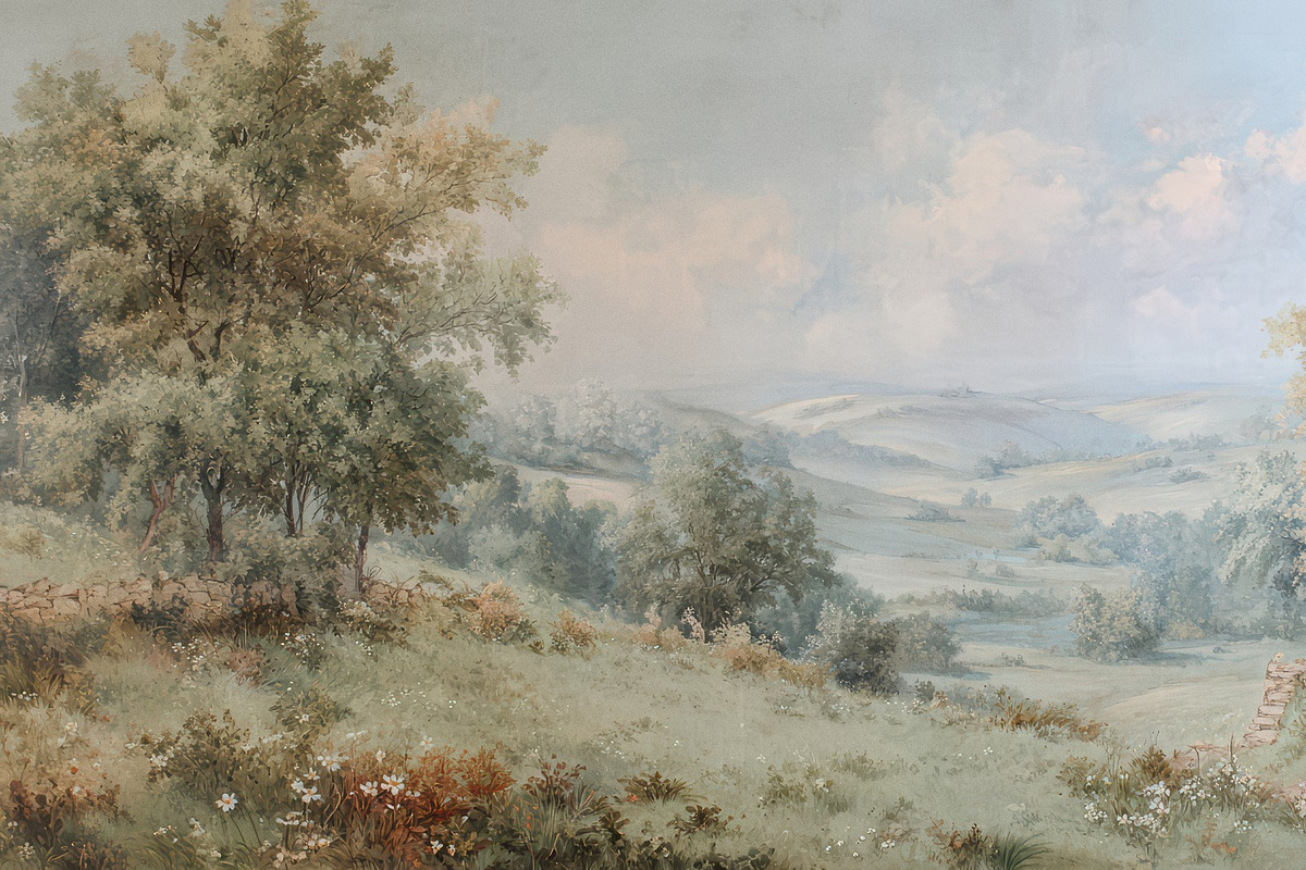 English Cotswolds Misty Wallpaper, a Decorative Illustration by Virgo Studio