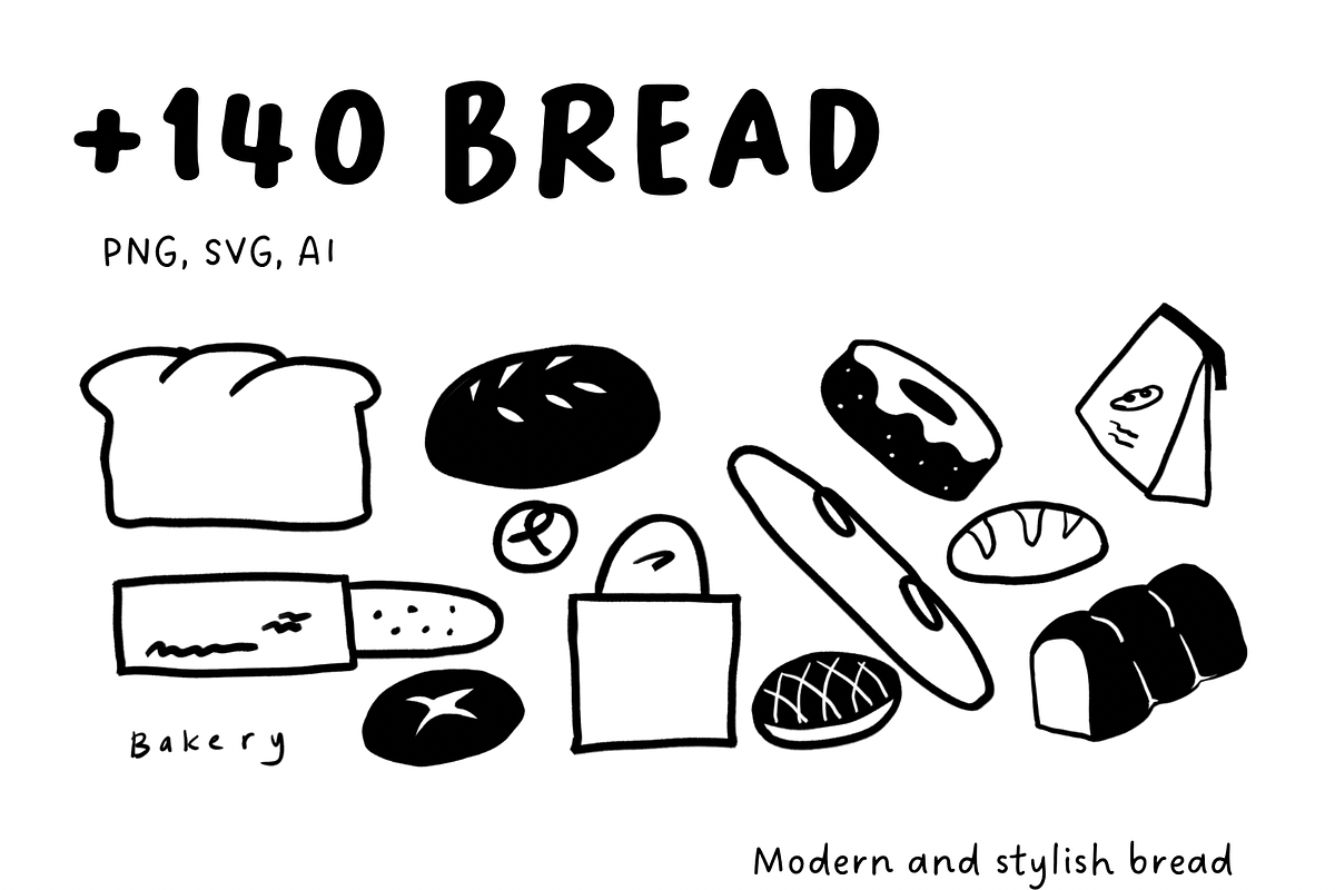 140+ Bread & Bakery Hand-Drawn Set, a Food Illustration by The Journey Atelier (Photo 1 of 21)