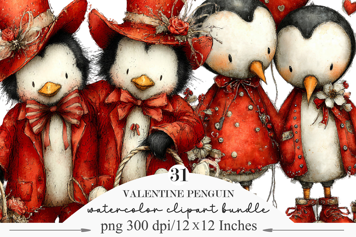 Whimsical Valentine Penguin Clipart, an Illustration by Designking (Photo 1 of 5)
