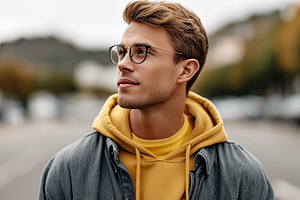 Young man with glasses and yellow, a Person Photo by MistyDay