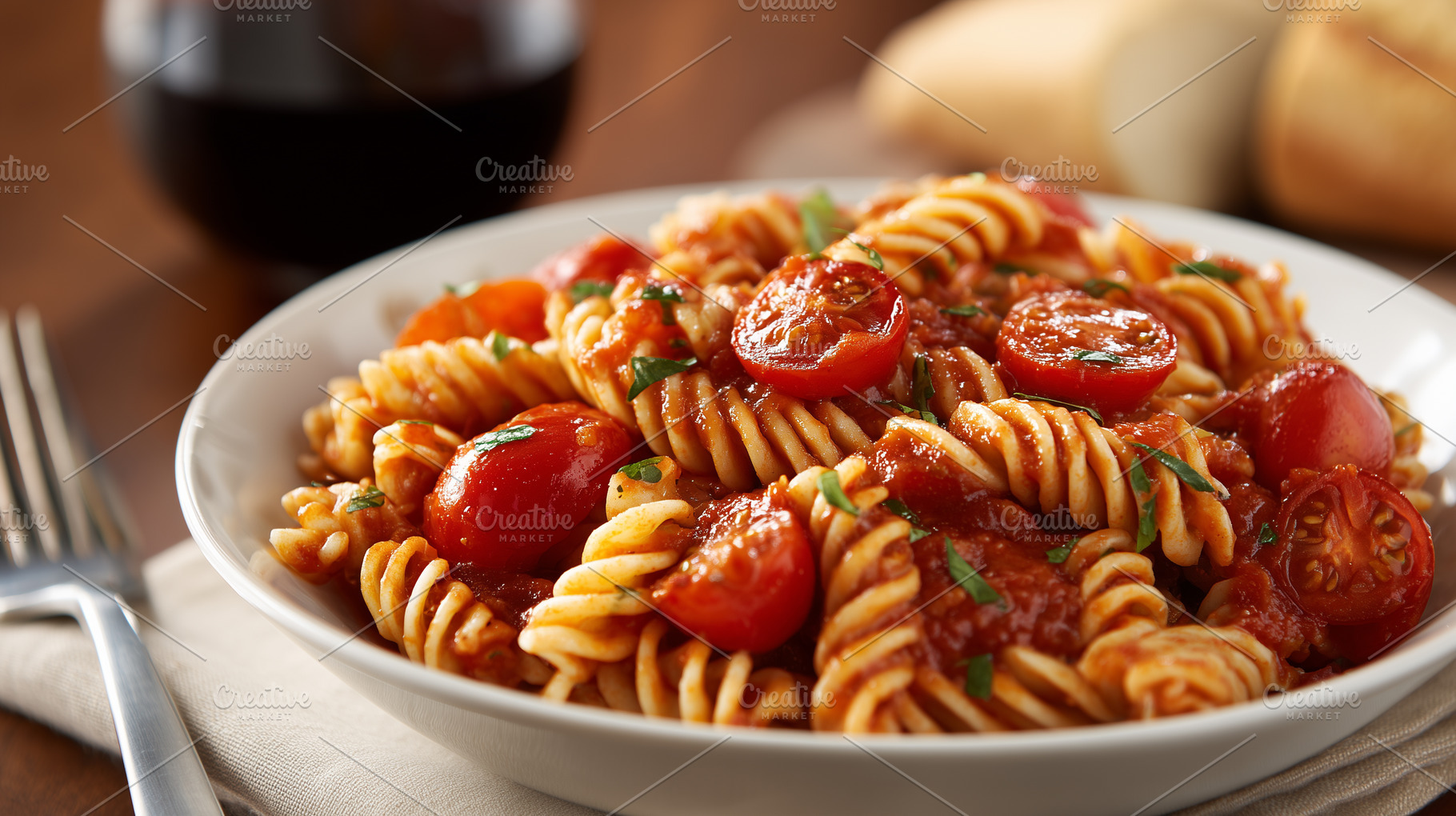 Fusilli pasta with tomato sauce, a Food & Drink Photo by MistyDay