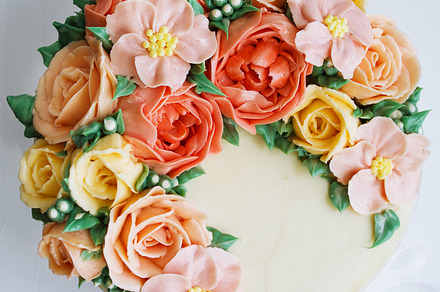 Birthday cake with flowers rose on white background stock photo containing