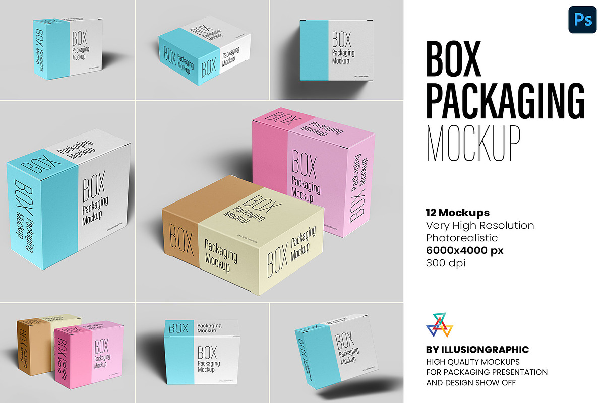 Box Packaging Mockup - 12 views, a Packaging Mockup by Illusiongraphic (Photo 1 of 26)