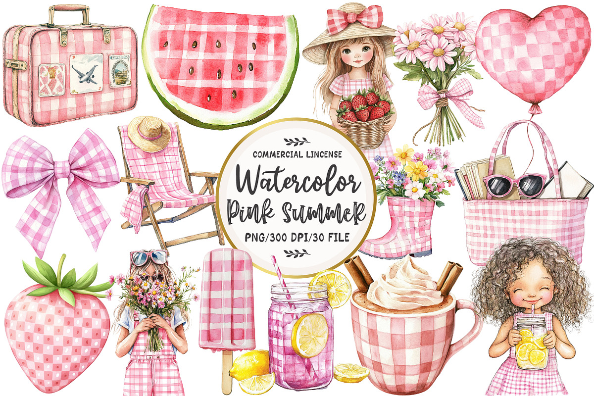Pink Gingham Summer Clipart, an Illustration by OK Design (Photo 1 of 5)