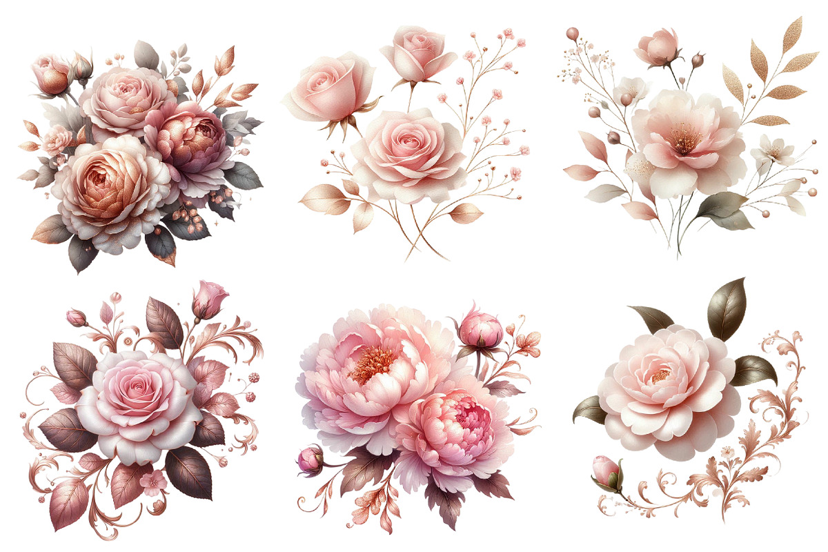 Pink and Rose Gold Floral Clipart, an Illustration by Designworld (Photo 3 of 5)