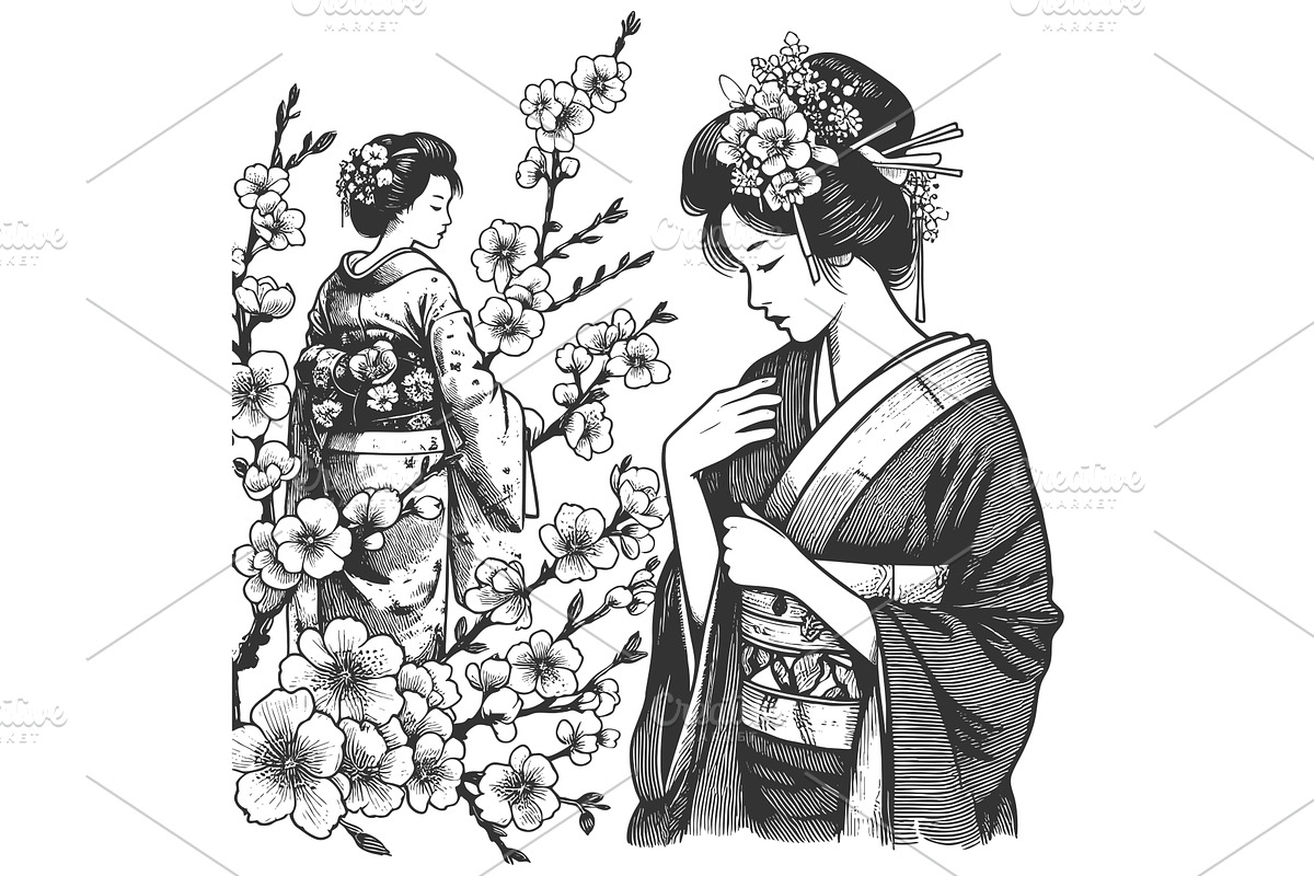 Geisha with Cherry Blossoms vector, a Person Illustration by AlexArt