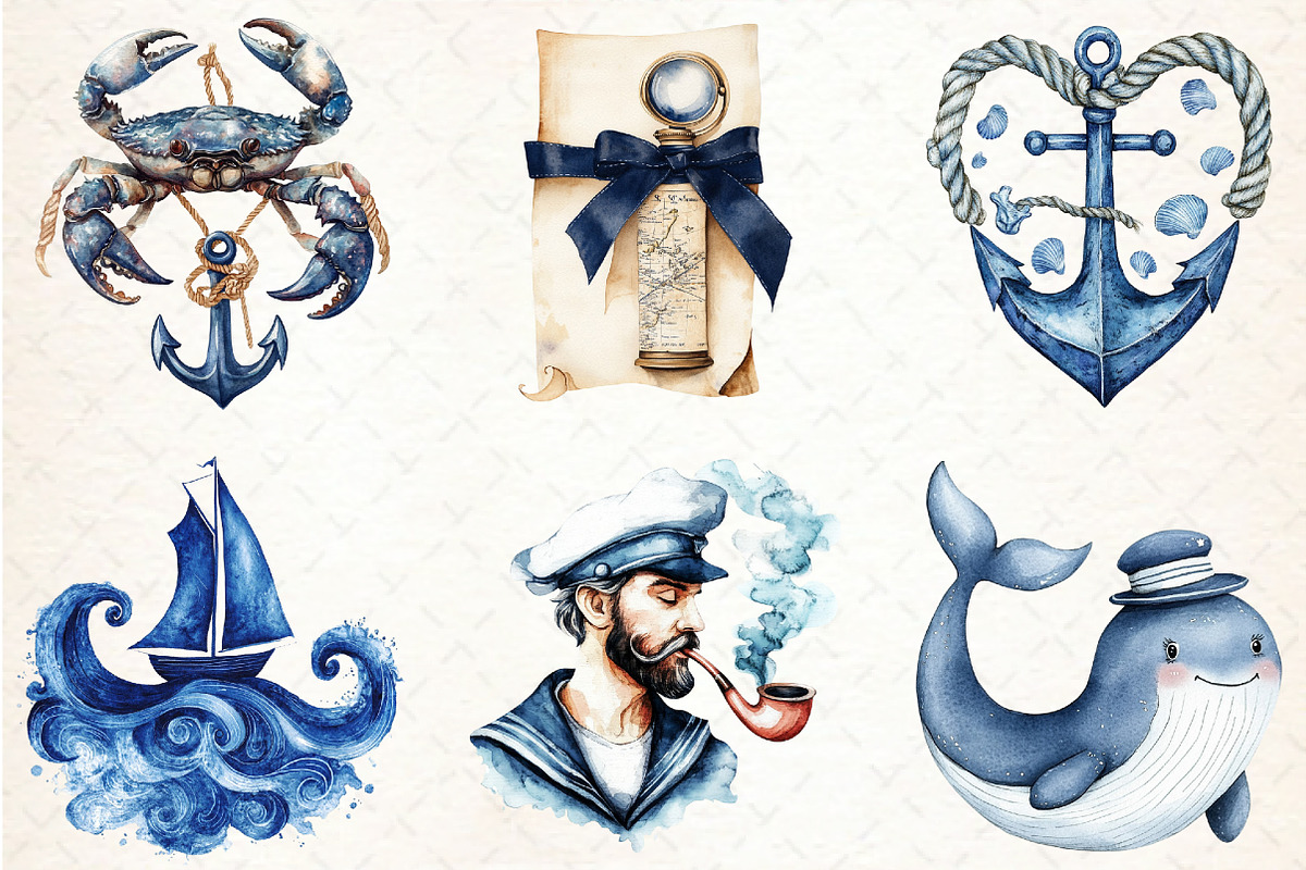Watercolor Blue Nautical Clipart, an Illustration by Libby Wishes (Photo 2 of 6)