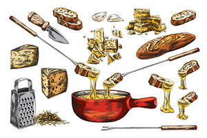 Cheese fondue sketch vector set, a Food Illustration by Sabelskaya
