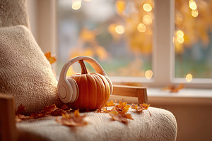 Cozy autumn afternoon with headphones and a pumpkin by the window, a Holiday Photo by AlyaAnd