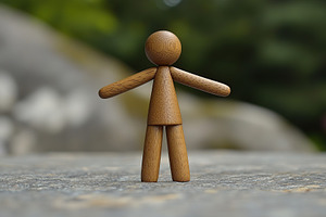 Wooden human figure with hands standing on a natural surface in a serene outdoo, an Abstract Photo by AlyaAnd