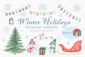 Winter Holidays watercolor clipart, an Illustration by susie-p-art