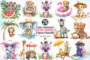 Cute Summer Safari Animals Clipart, an Illustration by Canvas Craft