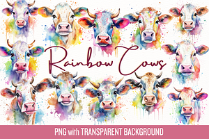 Watercolor Rainbow Cows Clip Art