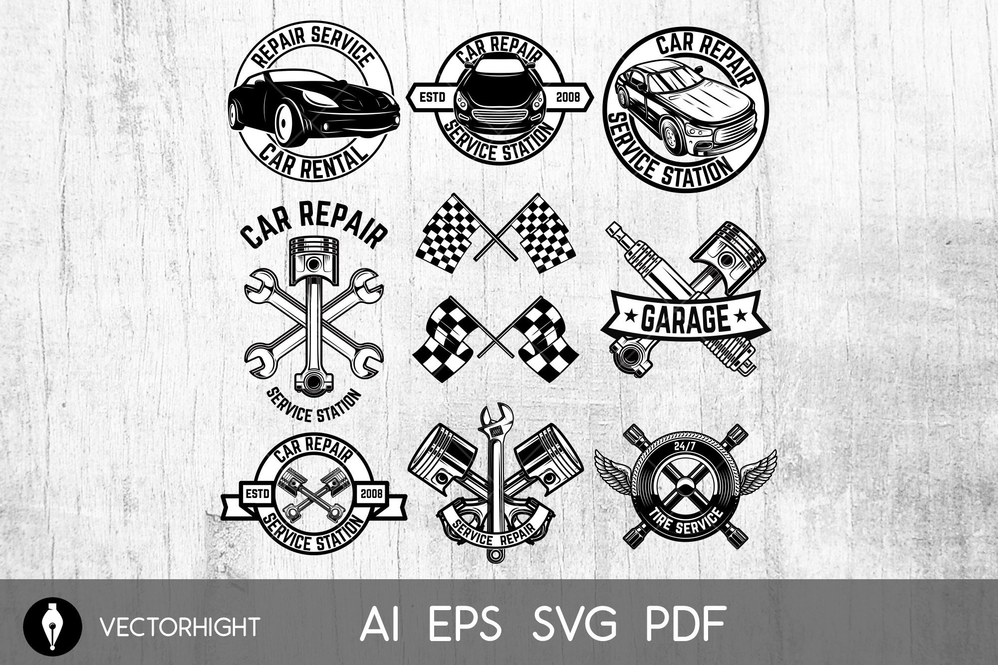 Set of car repair workshop emblems., an Object Graphic by Vectorhight