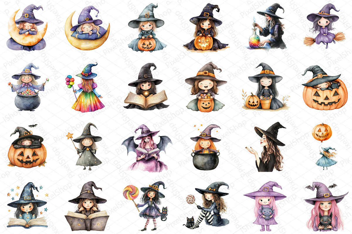 Cute Halloween Witch Clipart, an Illustration by DreamPrint404 (Photo 2 of 5)