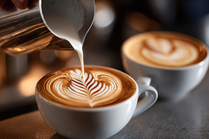 Latte art pouring milk into coffee c, a Photo by Pixeness Studio