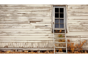 weathered ladder against house ai, an Industrial Photo by pikepicture